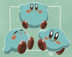 Rule 34 | blue background, blush stickers, brown eyes, closed mouth, commentary request, full body, highres, kirby, kirby (series), looking at viewer, mint chocolate, multiple views, nintendo, no humans, open mouth, signature, sitting, smile, todokuro