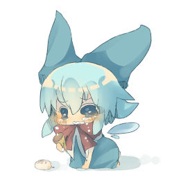 Rule 34 | 1girl, bad id, bad pixiv id, blue dress, blue eyes, blue hair, blush, bow, chibi, cirno, crying, crying with eyes open, dress, fallen down, food, hair bow, hat, ice cream, ice cream cone, kneeling, large bow, masirosu, matching hair/eyes, on floor, open mouth, sad, short hair, simple background, solo, spill, tears, touhou, wavy mouth, wings