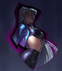 Rule 34 | 1girl, asymmetrical bangs, between breasts, black choker, black skirt, blue jacket, breasts, choker, cone hair bun, cropped jacket, dark background, demon, demon girl, drop earrings, earrings, evelynn (league of legends), evil smile, from side, glowing, glowing eye, hair bun, highres, jacket, jeremy anninos, jewelry, league of legends, long hair, medium breasts, o-ring, open clothes, open jacket, revealing clothes, sideways glance, skirt, smile, solo, strap between breasts, the baddest evelynn, upper body, very long hair, white hair