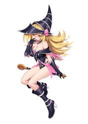 Rule 34 | 1girl, absurdres, bare shoulders, blonde hair, blush stickers, boots, breasts, capelet, cleavage, closed mouth, collar, collarbone, commentary request, detached collar, dress, duel monster, elbow gloves, full body, gloves, hand to own mouth, hat, high heels, highres, knee boots, large breasts, long hair, looking at viewer, magi magi magician gal, momihige, pelvic curtain, pentacle, pink capelet, purple eyes, second-party source, shiny skin, short dress, simple background, tattoo, thighs, wand, white background, wizard hat, yu-gi-oh!
