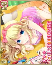 Rule 34 | 1girl, barefoot, blonde hair, bow, breasts, card, character name, chloe lemaire, cleavage, girlfriend (kari), hair bow, hairband, indoors, jenga, long hair, lying, magazine (object), nightgown, official art, on floor, on side, pink nightgown, playing card, qp:flapper, ribbon, smile, solo