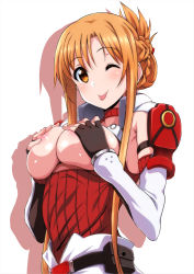 Rule 34 | 1girl, ;p, armor, armpit crease, asuna (sao), belt, belt pouch, black gloves, blush, braid, breasts, breasts out, commentary request, covering privates, covering breasts, elbow gloves, fingerless gloves, folded ponytail, gloves, highres, island (kossori), large breasts, long hair, long sleeves, looking at viewer, nipple slip, nipples, one eye closed, orange eyes, pouch, shoulder armor, sidelocks, simple background, smile, solo, sword art online, tareme, teeth, tongue, tongue out, upper teeth only, white background