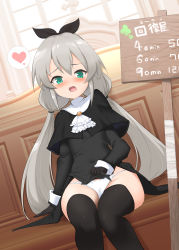 Rule 34 | 1girl, absurdres, ascot, black capelet, black dress, black gloves, black ribbon, black thighhighs, blush, capelet, clothes lift, dress, dress lift, dutch angle, fang, feet out of frame, gloves, green eyes, grey hair, hair between eyes, hair ribbon, heart, highres, indoors, lifted by self, long hair, long sleeves, looking at viewer, low twintails, momio, open mouth, original, panties, pelvic curtain, ribbon, sign, sitting, solo, spoken heart, thighhighs, translation request, twintails, underwear, very long hair, white ascot, white panties, window