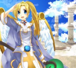 Rule 34 | 1girl, :d, asgard, asymmetrical hair, blonde hair, blue dress, blue eyes, blue sky, blush, cloud, column, commentary request, cowboy shot, cross, dress, eyes visible through hair, feathered wings, high ponytail, holding, holding staff, kanagi tsumugi, long hair, looking at viewer, open mouth, pillar, ponytail, priest (asgard), salute, sky, smile, solo, staff, two-tone dress, white dress, white wings, wings
