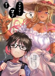 Rule 34 | 1boy, 1girl, absurdres, age difference, backpack, bag, bangle, blonde hair, bow, bracelet, breasts, brown hair, child, commentary request, dress, ear piercing, earrings, fake nails, fingernails, focused, glasses, gyaru, hasshaku-sama, hat, hat bow, height difference, highres, huge breasts, jewelry, licking lips, long fingernails, long hair, mole, mole under mouth, multiple earrings, multiple piercings, onee-shota, original, outdoors, piercing, power lines, shashaki, short hair, short sleeves, size difference, sun hat, sundress, sweatdrop, tall, tall female, tan, tongue, tongue out, translation request, urban legend, utility pole, very long fingernails, white dress