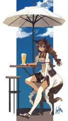 Rule 34 | 1girl, alcohol, animal ears, bag, bare shoulders, beer, between legs, black skirt, blue sky, bracelet, braid, breasts, brown eyes, brown hair, closed mouth, cloud, cup, day, dot nose, dress, drinking glass, hair between eyes, hand between legs, hand on table, jewelry, lansane, long hair, looking at viewer, medium breasts, original, outdoors, parasol, sandals, shoulder bag, signature, sitting, skirt, sky, smile, solo, stool, table, tail, tsana (lansane), umbrella, white dress, wolf ears, wolf tail, wristband