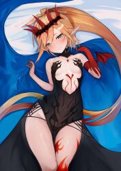 Rule 34 | 1girl, absurdres, antenna hair, bare shoulders, bed sheet, black dress, blonde hair, blush, body markings, braid, breasts, closed mouth, commission, dress, elf, green eyes, headpiece, highres, hoshara, long hair, lying, on back, original, pelvic curtain, pointy ears, ponytail, red tattoo, see-through, see-through dress, skeb commission, small breasts, solo, starry hair, stomach tattoo, tattoo, very long hair, vivi (ac8231), wings