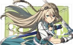 Rule 34 | 1girl, aqua eyes, belt, black gloves, black shirt, blonde hair, blue coat, braid, breasts, character name, cleavage, closed mouth, coat, commentary, crown braid, dated, dated commentary, earrings, eiyuu densetsu, elaine auclair, expressionless, falcom, floating hair, gloves, green background, holding, holding sword, holding weapon, jacket, jewelry, kuro no kiseki, long hair, looking at viewer, medium breasts, parted lips, scabbard, sheath, shirt, signature, simple background, solo, swept bangs, sword, unsheathed, upper body, weapon, werkbau, white belt, white jacket, wing collar
