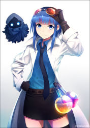Rule 34 | 1girl, :3, air bubble, arm up, belt, belt pouch, black gloves, black skirt, black thighhighs, blue eyes, blue hair, blue shirt, blunt bangs, brown gloves, bubble, buttons, chemistry, clenched hand, cloak, closed mouth, coat, collared shirt, colored eyelashes, contrapposto, creature, dress shirt, eyebrows, flask, floating, frankenstein&#039;s castle, ghost, glass, gloves, goggles, goggles on head, hand on own hip, hood, hooded cloak, k-suwabe, lab coat, legs apart, liquid, long sleeves, looking at viewer, matching hair/eyes, necktie, open clothes, open coat, open collar, oshiro project:re, oshiro project:re, pencil skirt, pouch, removing eyewear, shirt, short hair with long locks, sidelocks, simple background, skirt, smile, solo, standing, thighhighs, twitter username, white background, zettai ryouiki
