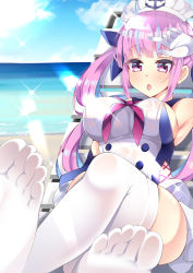 Rule 34 | 1girl, :o, absurdres, azur lane, beach, beach chair, blue hair, blue sky, blush, breasts, cloud, colored inner hair, covered erect nipples, crossed legs, day, feet, foot focus, foreshortening, gloves, highres, hololive, horizon, large breasts, lens flare, long hair, looking at viewer, maid headdress, minato aqua, monkey kusai, multicolored hair, ocean, one-piece swimsuit, open mouth, outdoors, purple eyes, purple hair, sideboob, sitting, sky, solo, swimsuit, thighhighs, toes, twintails, virtual youtuber, white gloves, white thighhighs