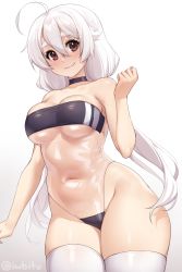 Rule 34 | 1girl, ahoge, bare arms, bare shoulders, black choker, blush, breasts, brown hair, choker, cleavage, clenched hand, closed mouth, collarbone, commentary, contrapposto, covered navel, english commentary, fang, fang out, gradient background, grey background, gris swimsuit, hair between eyes, hand up, highleg, highleg swimsuit, highres, iwbitu, large breasts, long hair, looking at viewer, low twintails, medium breasts, meme attire, navel, nyopu, one-piece swimsuit, original, see-through, see-through one-piece swimsuit, sidelocks, simple background, skin fang, smile, strapless, swimsuit, thick eyebrows, thighhighs, thighs, transparent, tube top, twintails, twitter username, underboob, very long hair, white hair, white thighhighs, wide hips