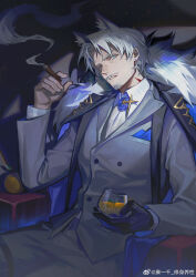 Rule 34 | 1boy, animal ears, blue eyes, check copyright, cigar, coat, copyright request, cup, disdain, drinking glass, facial hair, feet out of frame, formal, fox ears, goatee, grey hair, head tilt, highres, holding, holding cigar, holding cup, kang yiqian (self cultivation), looking at viewer, male focus, mature male, mustache, original, short hair, sitting, smoking, solo, suit, thick eyebrows, wine glass