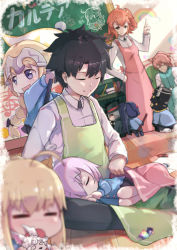 Rule 34 | 4boys, 5girls, absurdres, aged down, ahoge, apron, artoria pendragon (all), artoria pendragon (fate), berserker (fate/zero), black hair, black hat, blanket, blonde hair, blue eyes, blurry, blush, braid, chalkboard, chibi, child, closed eyes, darius iii (fate), depth of field, edmond dantes (fate), fate/apocrypha, fate/grand order, fate (series), fou (fate), fujimaru ritsuka (female), fujimaru ritsuka (male), grey hair, hand on own hip, hat, headpiece, highres, index finger raised, indoors, jeanne d&#039;arc (fate), jeanne d&#039;arc (ruler) (fate), long hair, looking at another, mash kyrielight, multiple boys, multiple girls, olga marie animusphere, open mouth, orange hair, pantie painting, pink apron, purple hair, romani archaman, saber (fate), saint quartz (fate), seiza, short hair, side ponytail, sitting, smile, yellow eyes