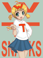 Rule 34 | 1girl, 4chan, blonde hair, character name, female focus, green eyes, skirt, solo, sweater, twintails, wt snacks