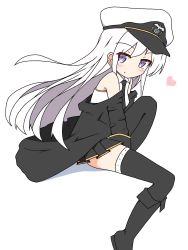 Rule 34 | 1girl, azur lane, bare shoulders, black footwear, black jacket, black neckwear, black skirt, black thighhighs, blush, boots, closed mouth, collared shirt, commentary request, enterprise (azur lane), full body, hat, heart, highres, ichi (ichi.colors), jacket, knee boots, long hair, long sleeves, looking at viewer, looking to the side, off shoulder, peaked cap, pleated skirt, purple eyes, shadow, shirt, skirt, sleeveless, sleeveless shirt, smile, solo, thighhighs, thighhighs under boots, very long hair, white background, white hair, white hat, white shirt
