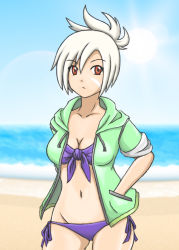Rule 34 | 1girl, bikini, breasts, cleavage, league of legends, looking at viewer, navel, ponytail, red eyes, riven (league of legends), solo, standing, swimsuit, white hair