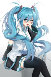 Rule 34 | 1girl, aqua eyes, arm support, bare shoulders, black skirt, black sleeves, black thighhighs, blush, collared shirt, commentary request, detached sleeves, feet out of frame, gradient background, grey background, hair between eyes, hair ornament, hand on own cheek, hand on own face, hand up, hatsune miku, hatsune miku (vocaloid4) (chinese), headphones, headset, highres, long hair, long sleeves, looking at viewer, necktie, open mouth, pleated skirt, shirt, sitting, skirt, sleeveless, sleeveless shirt, smile, solo, soveno, thighhighs, twintails, very long hair, vocaloid, white background, white shirt, zettai ryouiki