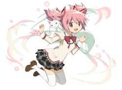 Rule 34 | 1girl, artist request, back bow, black skirt, bow, bowtie, brown footwear, collared shirt, creature, creature on shoulder, dot nose, elemental story, floating, floating clothes, floating hair, full body, hair ribbon, hands up, high collar, jewelry, juliet sleeves, kaname madoka, kyubey, lace, lace-trimmed shirt, lace-trimmed sleeves, lace trim, light blush, long sleeves, looking at viewer, magic, mahou shoujo madoka magica, miniskirt, mitakihara school uniform, official art, on shoulder, open mouth, palms, pink eyes, pink hair, plaid clothes, plaid skirt, pleated skirt, pocket, puffy sleeves, red bow, red bowtie, red ribbon, ribbon, ring, school uniform, second-party source, shirt, shoes, short hair, short twintails, skirt, smile, solo, tareme, thighhighs, transparent background, twintails, uwabaki, white thighhighs, white wrist cuffs, wrist cuffs, yellow bow, yellow shirt