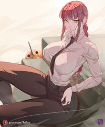 Rule 34 | 1girl, arttoru, black necktie, black pants, blunt bangs, breasts, chainsaw man, commentary, grin, highres, large breasts, leggings, long braid, long hair, long sleeves, looking at viewer, makima (chainsaw man), necktie, pants, pink lips, pochita (chainsaw man), red hair, shirt, sitting, smile, solo, thighs, very long hair, white shirt, yellow eyes