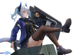 Rule 34 | 1girl, arknights, ballistic shield, black footwear, black thighhighs, blue jacket, breasts, commentary, dragon girl, dragon horns, dragon tail, glock, gun, handgun, highres, holding, holding gun, holding weapon, horns, jacket, liskarm (arknights), parted lips, pleated skirt, ponytail, red eyes, riot shield, shield, shoes, silver hair, simple background, sitting, skirt, sneakers, solo, sthk, tail, thighhighs, turtleneck, weapon, white background