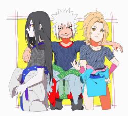 Rule 34 | aged down, arms around another&#039;s neck, black hair, blonde hair, child, clothes around waist, eyeliner, facial mark, fishnet top, fishnets, hair tied up, japanese clothes, jiraiya (naruto), kimono, long hair, long sleeves, looking at viewer, looking to the side, makeup, multiple boys, naruto (series), orochimaru (naruto), pale skin, smile, spiked hair, tsunade (naruto), white hair, yellow eyes