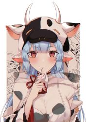 Rule 34 | 1girl, animal ears, animal print, blunt bangs, breasts, catura (granblue fantasy), collarbone, commentary, cow ears, cow girl, cow hood, cow horns, cow print, detached sleeves, draph, drinking, ear piercing, granblue fantasy, highres, horns, large breasts, looking at viewer, milk, piercing, red eyes, see-through, solo, tana (tanabio), twitter username, upper body