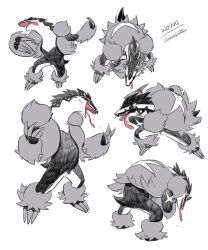 Rule 34 | claws, commentary request, creatures (company), fur, game freak, gen 8 pokemon, grey fur, multiple views, nintendo, obstagoon, ohhhhhhtsu, open mouth, pokemon, pokemon (creature), saliva, sharp teeth, simple background, sketch, standing, teeth, tongue, tongue out, twitter username, water drop, white background