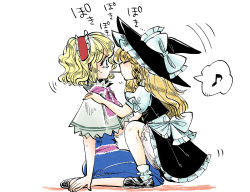 Rule 34 | 2girls, alice margatroid, black dress, blonde hair, bloomers, blue dress, bow, capelet, dress, closed eyes, hairband, hands on another&#039;s shoulders, hat, hat bow, kirisame marisa, komaku juushoku, lolita hairband, mary janes, multiple girls, musical note, pocky, pocky day, pocky kiss, puffy short sleeves, puffy sleeves, quaver, sash, shared food, shoes, short sleeves, sitting, spoken musical note, squatting, touhou, underwear, wariza, witch hat, yuri