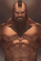 Rule 34 | 1boy, abs, bara, beard, brown hair, chest hair, completely nude, dark, facial hair, frown, highres, large pectorals, looking at viewer, male focus, mature male, mohawk, muscular, muscular male, mustache, navel, navel hair, nipples, nude, pectorals, ryker, short hair, solo, stomach, street fighter, upper body, zangief