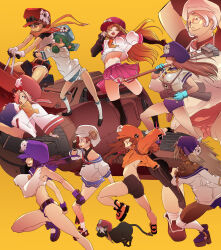 Rule 34 | 6+girls, april (guilty gear), black gloves, brown hair, cabbie hat, cat, fingerless gloves, glasses, gloves, guilty gear, guilty gear strive, hat, hat ornament, highres, janis (guilty gear), jellyfish pirates (guilty gear), june (guilty gear), long hair, long sleeves, may (guilty gear), multiple girls, open mouth, orange headwear, pirate, sailor collar, sephy (guilty gear), short hair, skull and crossbones, skull hat ornament, uniform, user tpzd4427