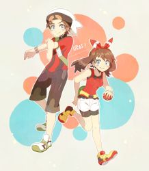 Rule 34 | 1boy, 1girl, arm behind back, armpits, bag, bare shoulders, bike shorts, black pants, black shorts, blue eyes, blush, bow, brendan (pokemon), brendan (pokemon oras), brown hair, child, circles in background, clenched hands, closed mouth, collarbone, creatures (company), english text, fanny pack, flat chest, flexible, friends, full body, game freak, gen 3 pokemon, gen 6 pokemon, grabbing own arm, green bag, hair bow, hair ornament, hair ribbon, happy, hat, high collar, holding, holding poke ball, leg up, legs, looking at viewer, may (pokemon), may (pokemon oras), medium hair, mega stone, neck, nintendo, outstretched arms, pants, poke ball, poke ball symbol, pokemon, pokemon oras, red bow, red ribbon, red shirt, ribbon, running, shiny clothes, shirt, shoes, short hair, short ponytail, short shorts, short sleeves, shorts, side bangs, simple background, sleepy (sleep &#039;n&#039; dream), sleeveless, sleeveless shirt, smile, sneakers, spread arms, thighs, tight clothes, tight shirt, two-tone bow, two-tone ribbon, white footwear, white headwear, wristband, yellow footwear