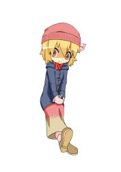 Rule 34 | 1girl, alternate costume, beanie, blonde hair, can, casual, chibi, coat, embodiment of scarlet devil, female focus, full body, hat, inu wi, mittens, red scarf, rumia, scarf, shaded face, simple background, solo, touhou, white background