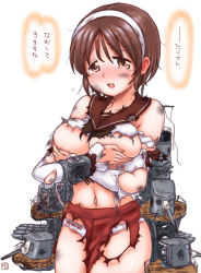 Rule 34 | 1girl, areola slip, bare shoulders, bow, bow panties, breasts, brown eyes, brown hair, brown sailor collar, bruise, collarbone, commentary request, covering privates, covering breasts, cowboy shot, damaged, detached sleeves, fukidamari no peke, hairband, injury, kantai collection, large breasts, legs together, long sleeves, machinery, miniskirt, natori (kancolle), navel, open mouth, panties, pink bow, red skirt, sailor collar, school uniform, serafuku, shirt, short hair, simple background, skirt, sleeveless, sleeveless shirt, solo, standing, stomach, tareme, tears, torn clothes, torn shirt, torn skirt, torn sleeves, torpedo tubes, translation request, turret, underwear, white background, white hairband, white panties, white shirt