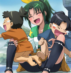 Rule 34 | &gt; &lt;, 10s, 1girl, 2boys, :d, ^ ^, barefoot, black hair, blush, closed eyes, green hair, haruyama kazunori, japanese clothes, laughing, midorikawa nao, multiple boys, open mouth, ponytail, precure, smile, smile precure!, tears, xd