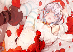 Rule 34 | 1girl, arched back, bed sheet, black panties, blue eyes, blue thighhighs, blush, bow, breasts, breasts out, brown footwear, choker, christmas, food, grey eyes, hair ornament, hand on headwear, hat, heart, long hair, lying, multicolored eyes, on back, open mouth, orange bow, orange eyes, original, panties, petals, red choker, red hat, red ribbon, red skirt, ribbon, santa hat, skirt, solo, striped clothes, striped thighhighs, teeth, thighhighs, twintails, underwear, upper teeth only, watarumi, whipped cream, white thighhighs