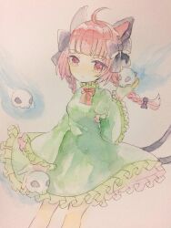 Rule 34 | 1girl, animal ears, bow, braid, cat ears, cat tail, dress, extra ears, flaming skull, floating skull, green dress, hair bow, highres, hiyuu (hiyualice), kaenbyou rin, multiple tails, nekomata, red eyes, red hair, skull, solo, tail, touhou, traditional media, twin braids, two tails