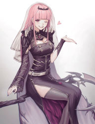 Rule 34 | 1girl, absurdres, black cape, black dress, black nails, blunt bangs, breasts, cape, cleavage, detached sleeves, dress, fangs, furrowed brow, grey thighhighs, grin, heart, highres, hololive, hololive english, kumeshii, long hair, long sleeves, looking at viewer, mori calliope, nail polish, one eye closed, pink eyes, pink hair, scythe, see-through, see-through sleeves, shoulder spikes, side slit, simple background, single detached sleeve, single sleeve, sleeves past wrists, smile, solo, spikes, straight hair, teeth, thighhighs, tiara, torn cape, torn clothes, veil, virtual youtuber, white background