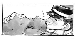 Rule 34 | 1boy, affectionate, aoi (husiginokuninoa), bear, closed eyes, from side, golden kamuy, greyscale, hat, kepi, male focus, military hat, monochrome, scar, scar on face, scar on mouth, scar on nose, short hair, sideburns, squeans, sleeping, sleeping on person, solo, sugimoto saichi