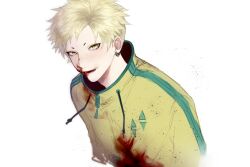 Rule 34 | 1boy, blonde hair, blood, blood on clothes, blood on face, commentary, drawstring, earclip, green trim, haruno shion, highres, jacket, kc-rk sl, male focus, open mouth, saibou shinkyoku, short hair, simple background, smile, solo, symbol-only commentary, upper body, white background, yellow eyes, yellow jacket