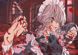 Rule 34 | 1girl, absurdres, blood, blood on clothes, blood on face, blood on hands, blood splatter, bloody knife, bloody weapon, blue eyes, braid, dual wielding, evil grin, evil smile, grey hair, grin, hair over one eye, highres, holding, holding knife, izayoi sakuya, kawayabug, knife, maid, maid headdress, one eye covered, scarlet devil mansion, smile, solo, touhou, twin braids, weapon
