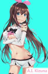 Rule 34 | 1girl, 3:, aqua background, artist name, blue eyes, bow, breast hold, breasts, brown hair, character name, clothes lift, commentary, contrapposto, cowboy shot, crop top, crossed arms, dated, elbow gloves, english commentary, gloves, groin, hairband, kizuna ai, kizuna ai inc., large breasts, long hair, looking at viewer, midriff, multicolored hair, navel, pink hair, pink hairband, sailor collar, shirt, shirt lift, short shorts, shorts, simple background, sleeveless, sleeveless shirt, solo, standing, stomach, streaked hair, two-tone hair, underboob, very long hair, virtual youtuber, white gloves, xiaoyu