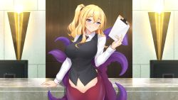 Rule 34 | 1girl, absurdres, arm support, black vest, blonde hair, blue eyes, blush, breasts, buttons, clipboard, closed mouth, collared shirt, existence, game cg, hair between eyes, half-closed eyes, highres, holding, holding clipboard, large breasts, long hair, long sleeves, looking at viewer, monster girl, necktie, nell (existence), scylla, shirt, side ponytail, sidelocks, smile, solo, standing, suction cups, tentacles, uosaasou, vest, white shirt, wing collar