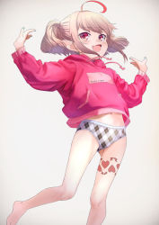 Rule 34 | 1girl, ahoge, argyle, argyle clothes, argyle panties, arms up, bare legs, barefoot, blue nails, blush, commentary request, drawstring, dyed ahoge, fang, foot out of frame, grey hair, heart, heart tattoo, highres, hood, hoodie, leg tattoo, looking at viewer, makaino ririmu, medium hair, multicolored hair, nail polish, navel, nijisanji, no pants, open mouth, panties, pink hoodie, pointy ears, red eyes, red hair, sabamen, sidelocks, simple background, skin fang, smile, solo, streaked hair, tattoo, twintails, underwear, virtual youtuber