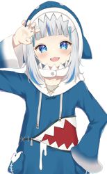 Rule 34 | 1girl, :d, animal hood, arm up, bad id, bad pixiv id, blue eyes, blue hoodie, blunt bangs, blush, claw pose, collarbone, commentary request, fangs, gawr gura, gawr gura (1st costume), hand on own hip, highres, hiruno ushiro, hololive, hololive english, hood, hoodie, jacket, long sleeves, looking at viewer, medium hair, multicolored clothes, multicolored hoodie, open mouth, shark hood, sharp teeth, silver hair, simple background, smile, solo, teeth, upper teeth only, virtual youtuber, white background