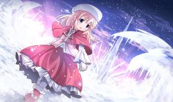 Rule 34 | 1girl, :d, blonde hair, blue eyes, boots, capelet, dutch angle, fur boots, gloves, hat, highres, long hair, open mouth, original, pink footwear, risutaru, smile, snow, solo, white gloves, winter