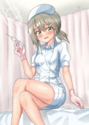 Rule 34 | 1girl, absurdres, bed, bed sheet, blush, brown eyes, brown hair, crossed legs, curtains, dress, feet out of frame, flower, folded ponytail, gloves, hair between eyes, hair flower, hair ornament, hairclip, hat, highres, holding, holding syringe, hospital bed, indoors, injection, looking at viewer, low ponytail, masamune mino, minowa gin, nurse, nurse cap, on bed, open mouth, ponytail, short sleeves, sitting, solo, syringe, thermometer, washio sumi wa yuusha de aru, white gloves, window, yuusha de aru