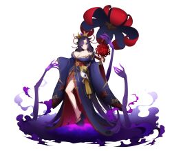 Rule 34 | 1girl, absurdres, ayame (eversoul), bare legs, bare shoulders, blush, bouquet, breasts, cleavage, colored shadow, eversoul, floating, flower, flower umbrella, game cg, geta, hair ornament, highres, holding, holding bouquet, horns, incredibly absurdres, japanese clothes, kimono, large breasts, legs, looking at viewer, loose clothes, multiple hands, off shoulder, official art, oni, oni horns, platform clogs, pointy ears, purple eyes, purple hair, purple kimono, shadow, single horn, solo, spider lily, transparent background, umbrakinesis, yin yang