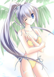 Rule 34 | 1girl, artist request, bikini, blue eyes, breasts, character request, cleavage, collarbone, copyright request, grey hair, hair ribbon, long hair, looking at viewer, medium breasts, one eye closed, palm tree, ribbon, side-tie bikini bottom, smile, solo, standing, swimsuit, tree, very long hair, wink, yellow bikini