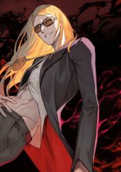 Rule 34 | 1boy, abs, black-framed eyewear, black background, black jacket, black pants, blonde hair, blue eyes, commentary request, fate/grand order, fate (series), glasses, grin, highres, jacket, jewelry, lack, lapels, long hair, long sleeves, looking at viewer, male focus, navel, necklace, open clothes, open jacket, orange-tinted eyewear, pants, parted bangs, red background, shirt, smile, solo, stomach, swept bangs, teeth, tezcatlipoca (fate), tinted eyewear, white shirt