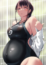 Rule 34 | 1girl, black hair, black one-piece swimsuit, jonsun, navel, nipples, one-piece swimsuit, pregnant, protruding navel, swimsuit, tagme